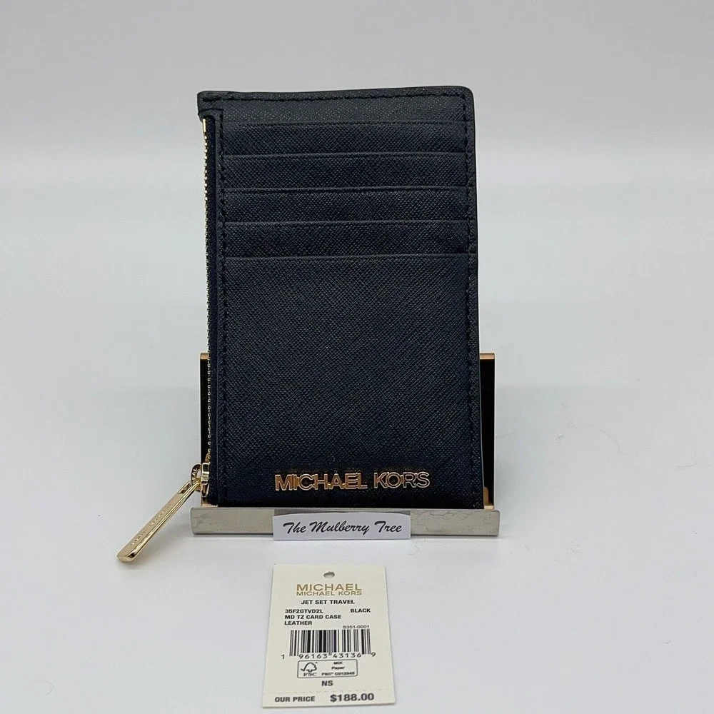 Michael Kors Jet Set Travel MD TZ Card Case Black Wallet NWT $188